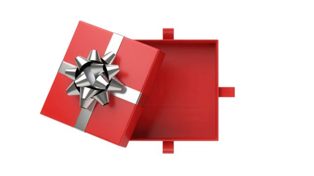 An open red gift box with a silver ribbon bow on a transparent background ready for a surprise inside isolated on transparent background - Powered by Adobe