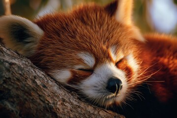 Red panda peacefully sleeping on a tree branch in a natural habitat during a sunny day while surrounded by greenery