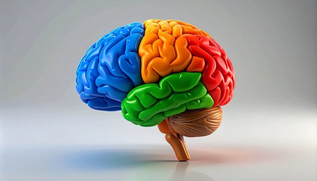 Color-coded brain model showing lobes and cerebellum on yellow background.