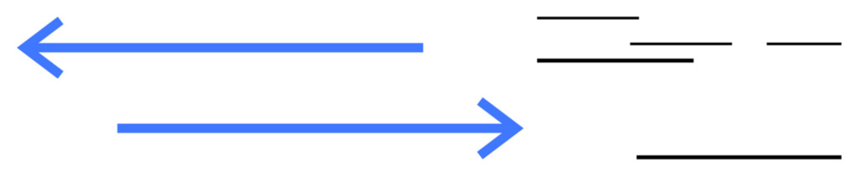 Blue arrows pointing left and right, accompanied by horizontal lines. Ideal for concepts thumbs up communication, data transfer, workflow, exchange, balance, connection and duality. Simple flat