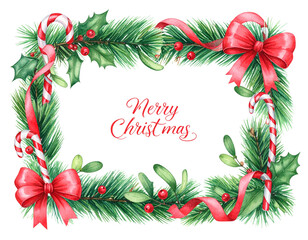 Watercolor Christmas Garland Border with Candy Canes and Ribbons, Hand-Painted Style PNG,And transparent the background.