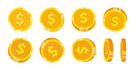 Gold coins isolated on a white background. Flat vector illustration of golden dollar coins in different angles and styles.