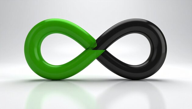 Glossy green and black infinity symbol on light gradient background.