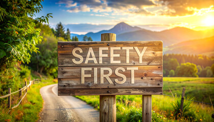 The words "Safety First" are written on a wooden board, to warn people to be careful.