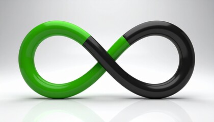 Glossy green and black infinity symbol on light gradient background.