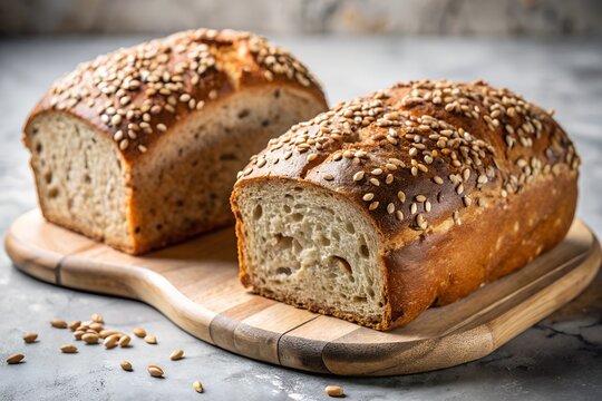 Two rustic loaves of whole grain bread topped with sesame seeds on a wooden cutting board