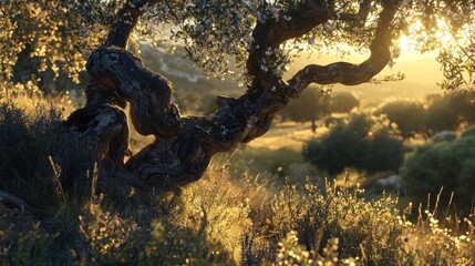 Shepherd's crook, ancient gnarled olive wood, wrapped in flowering vines bearing tinye blossoms of light, pastoral