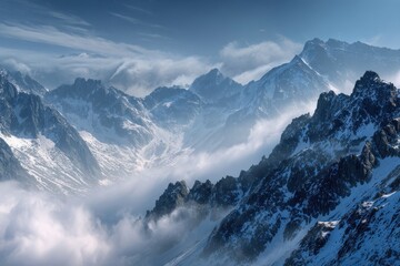 Morning light breaks over towering alpine peaks, revealing a breathtaking mountain landscape shrouded in clouds and snow