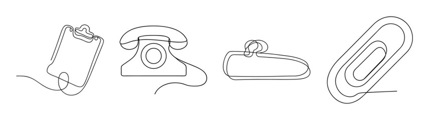 Four vintage office supplies icons footprint telephone stapler and paperclip sketches