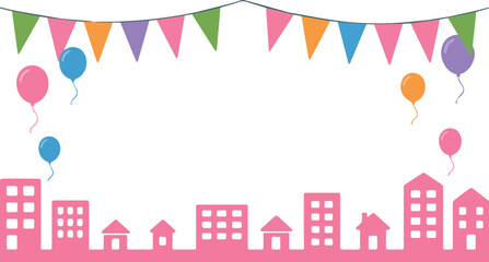 Vector art of festive city skyline with balloons and bunting