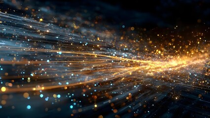 Abstract streaks of blue and gold light with glowing particles and bokeh across a dark background. Concept Abstract light trails, Blue and gold glow, Glowing particles, Bokeh effects, Dark background