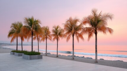 Obraz premium Palm Trees Line a Beach Boardwalk at Sunset With Gentle Ocean Waves and a Soft Pink Sky
