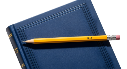 Blue Notebook with Yellow Pencil on Transparent Background for Writing and Office Use