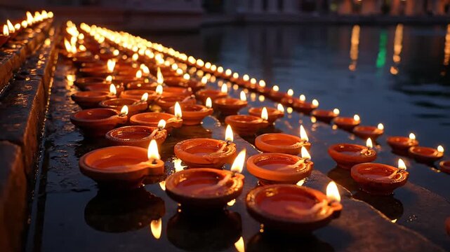Illuminated diyas floating water Guru Nanak Jayanti Gurpurab celebration night