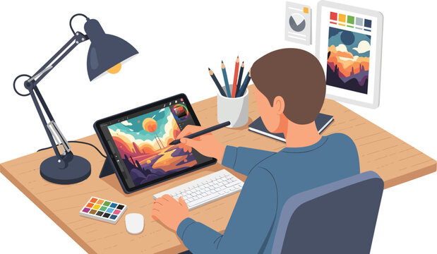 Artist drawing digital art on tablet at desk, creative professional working online