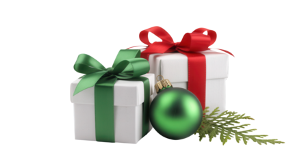 Three festive christmas presents wrapped in white paper with red and green ribbons and bows alongside a shiny green ornament and pine sprigs isolated on transparent background