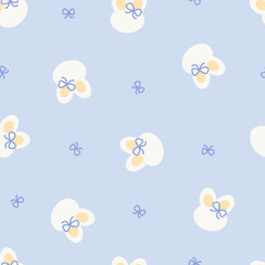 Cute kitty and bow drawing background. Catoon kitty wearing ribbon seamless pattern. Animal pet background for fabric, texture, and wallpaper. © JubWM
