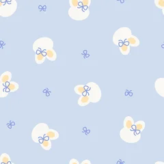 Cute kitty and bow drawing background. Catoon kitty wearing ribbon seamless pattern. Animal pet background for fabric, texture, and wallpaper. © JubWM