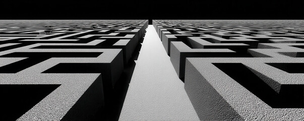 Striking maze design features intricate patterns and sharp angles creating sense of depth and mystery. contrasting colors enhance visual impact