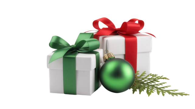 Three festive christmas presents wrapped in white paper with red and green ribbons and bows alongside a shiny green ornament and pine sprigs isolated on transparent background