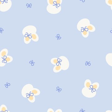 Cute kitty and bow drawing background. Catoon kitty wearing ribbon seamless pattern. Animal pet background for fabric, texture, and wallpaper.