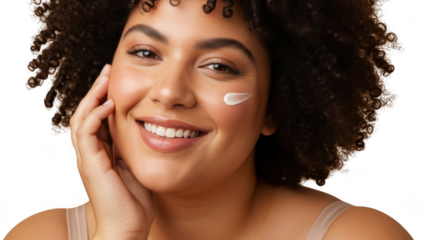 Smiling woman applying skincare product on face isolated on transparent background