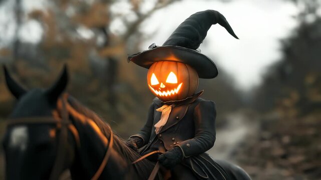 Mystical Halloween figure with a bright glowing jack o lantern pumpkin head wearing a tall dark witch hat riding a majestic horse on a foggy woodland path at twilight. An eerie autumn scene.