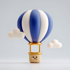 Cute 3D hot air balloon with clouds and smiling face