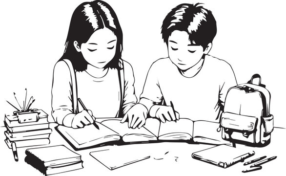 Black and White Cooperative Learning Illustration | Hand Drawn Sketch of Students Doing Homework and Tutoring