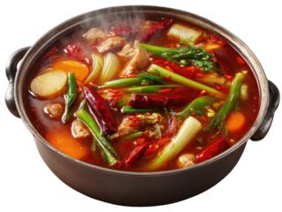 Spicy broth-based soup in a large pot