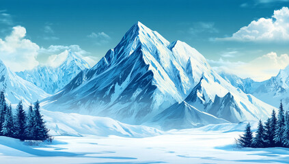 Obraz premium Vibrant dramatic illustration of colossal icy blue mountain range and peak above vast snowfield with dark pine trees