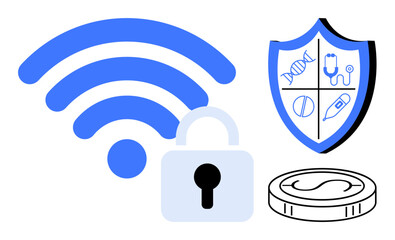 wireless signal, padlock, medical-themed shield, and digital coin emphasizing data security in healthcare, technology, and cryptocurrency. Ideal for cybersecurity, healthcare, blockchain digital