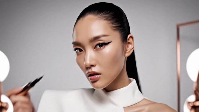 Makeup tutorial showing perfect eyeliner application with step-by-step guidance in a modern setting