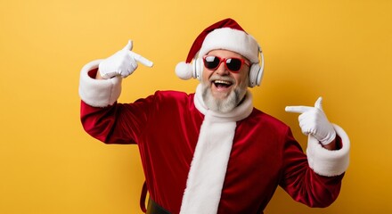 portrait of a cheerful modern Santa Claus wearing a red velvet suit with white fur trim, stylish red sunglasses, white gloves, and wireless headphones, on yellow background