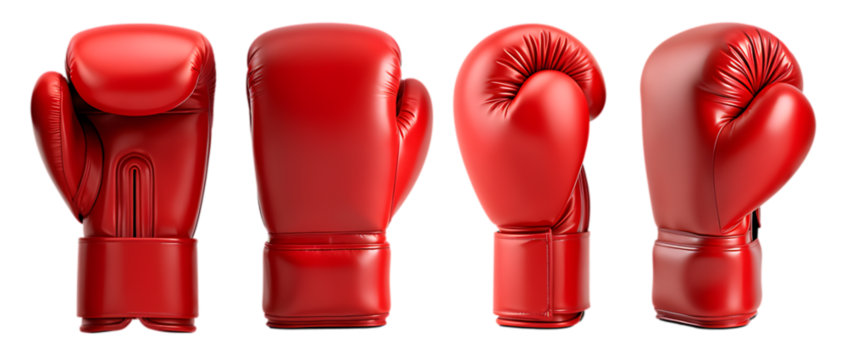 Four red boxing gloves isolated on white background