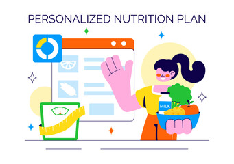 Personalized Nutrition Plan Vector Illustration Featuring Healthy Food, Diet Planning with Meal Planner, and Calorie Control in a Flat Style Background