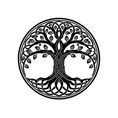 A striking black and white Celtic Tree of Life symbol, featuring intricate knotwork roots and leafy branches interwoven within a circular medallion