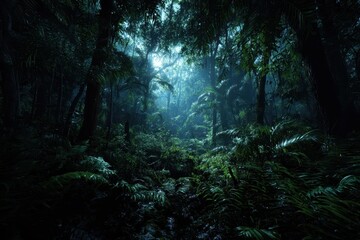 Obraz premium Deep tropical forest captures the essence of nature in darkness with vibrant foliage illuminated by faint light peeking through dense canopy