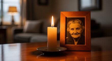 Candlelit portrait of elderly woman on wooden table at home  