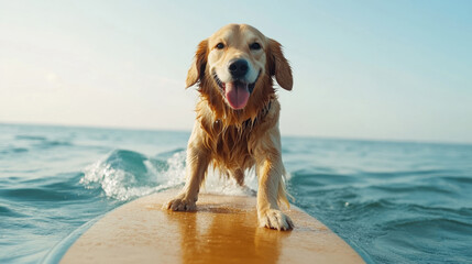 Playful golden retriever smiling and enjoys on surfboard surfing on the ocean and sea wave on sunny beach