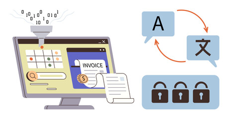 Computer screen with invoice software, data flow, and translation symbols linked to locks. Ideal for automation, translation, security, finance, software technology and globalization. Simple flat