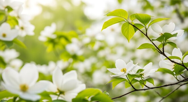 Beautiful white dogwood flowers blooming in the spring sunlight.