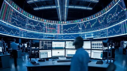 A modern trading floor features curved display screens, data visualizations, and analysts at work - Powered by Adobe