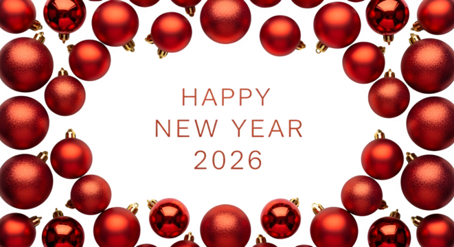 Red Christmas ornaments with Happy New Year 2026 text, isolated on transparent background