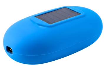 Blue portable power bank with a small solar panel for charging isolated on a transparent background