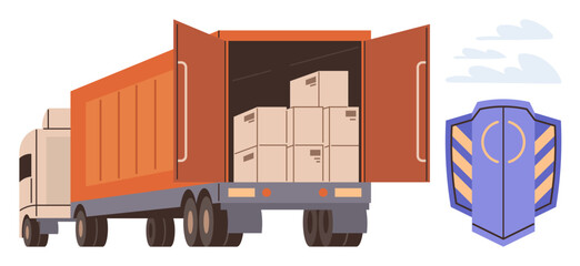 Delivery truck carrying boxes, shield icon representing protection, logistics, and safety. Ideal for transportation, delivery, business, logistics warehousing safety cargo services. Simple flat