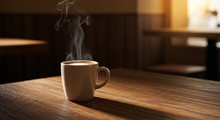 Aromatic Coffee Mug on Wooden Table, Warm Indoor Setting, Coffee Time
