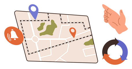 Map with route, location pins, bell notification, hand gesture, and circular arrows. Ideal for travel, navigation, planning updates directions notifications progress tracking. Simple flat