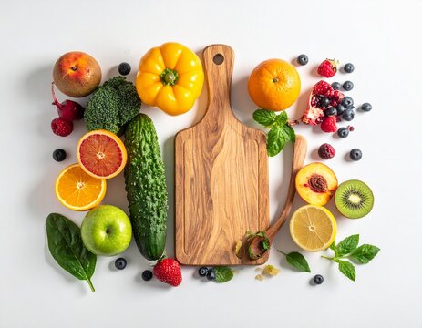 Top View Flat Lay of Vegan Lifestyle Ingredients: Fresh Fruits, Colorful Vegetables, Smoothie, and Wooden Cutting Board
