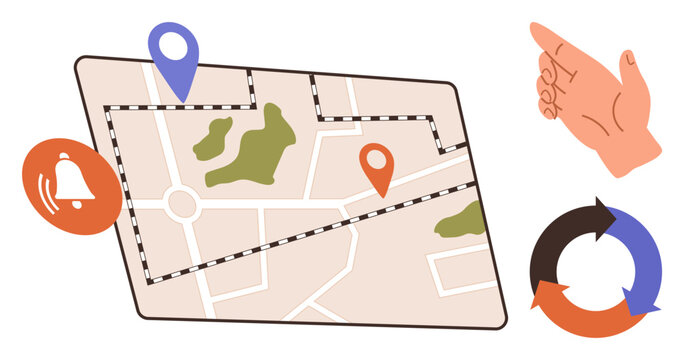 Map with route, location pins, bell notification, hand gesture, and circular arrows. Ideal for travel, navigation, planning updates directions notifications progress tracking. Simple flat